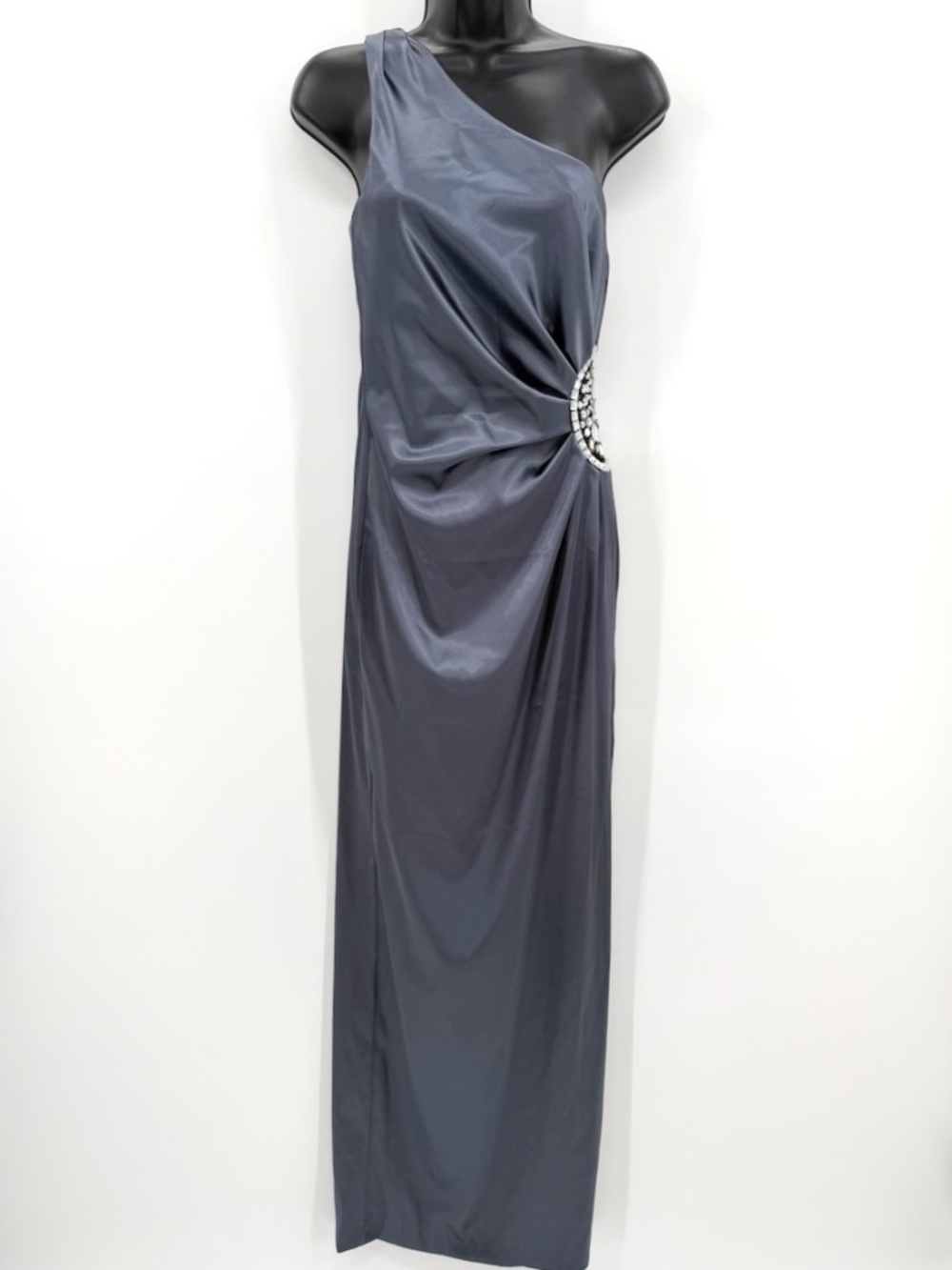 NWT Betsy & Adam One Shoulder Satin Maxi Gown Slate Gray Jeweled Slit Size 4